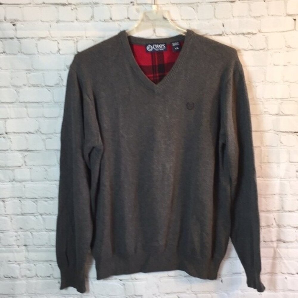 Chaps Mens V-Neck Gray Pullover V Neck Sweater Red Plaid Elbow Patches Large